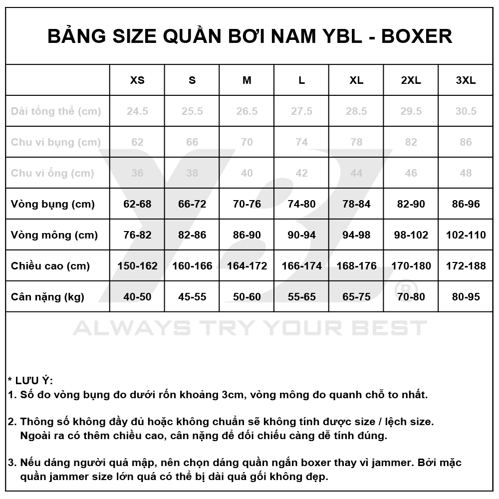 Bảng size quần bơi nam YBL - Boxer