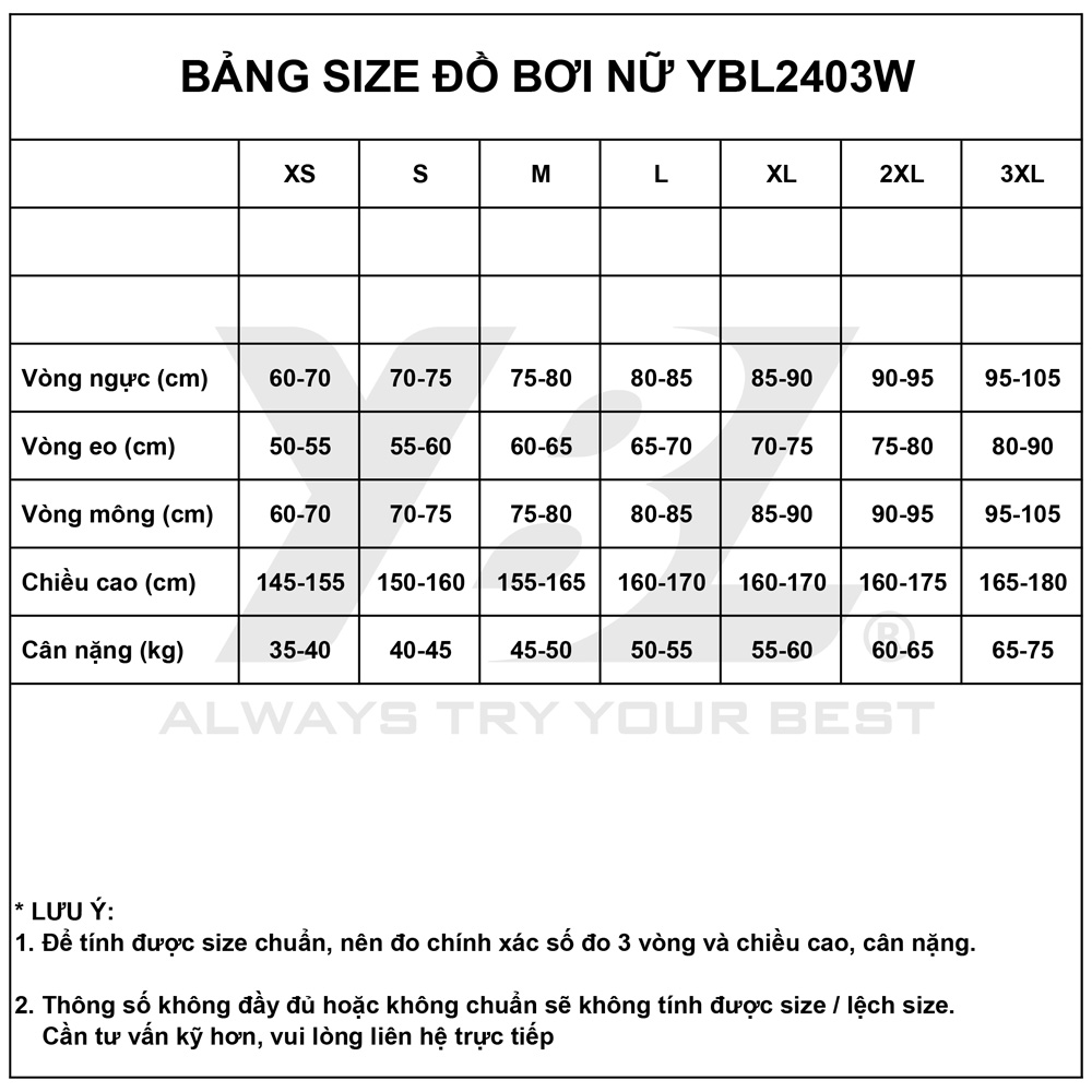 Bảng size đồ bơi nữ kín đáo YBL2403W